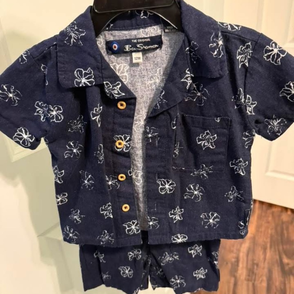 Navy Blue Floral Button-Up Shirt and Shorts Set